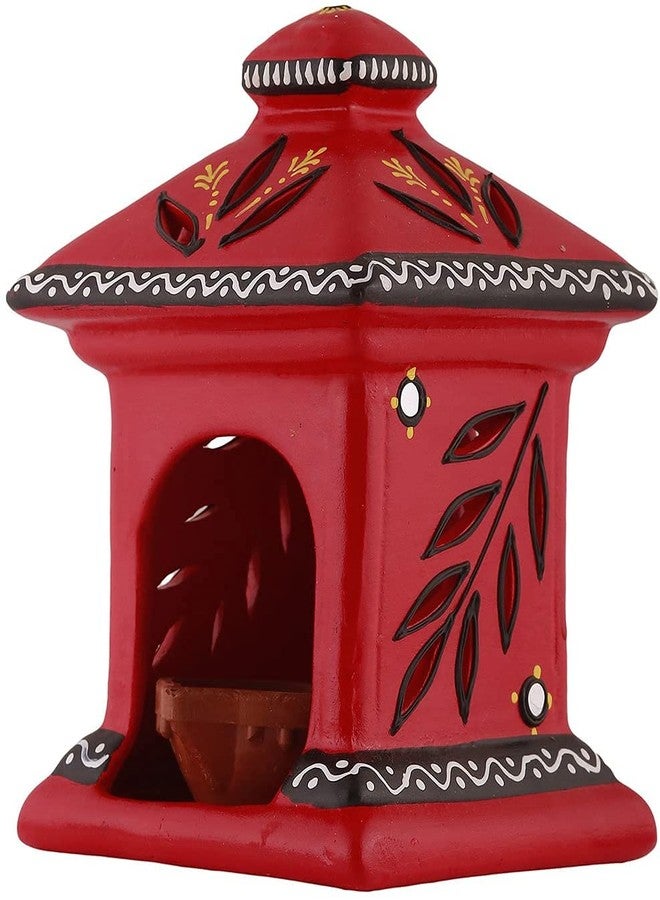 Shabana Art Potteries مصباح كوخ طيني مصنوع يدويًا من ديكور القرية / مصباح شمعة صغيرة / مصباح زيتي للطقوس الدينية (أحمر (عبوة من قطعتين)) - Image 3